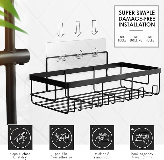 Clara Clark Navy Blue Shower Curtain Set with Black Shower Caddy Hanging - Fabric Shower Curtains and Stainless Steel Shower Caddies, Bathroom Shower Curtain Sets with Corner Shower Caddy Dorm
