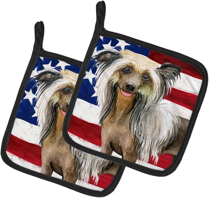 Caroline's Treasures BB9659PTHD Chinese Crested Patriotic Pair of Pot Holders Kitchen Heat Resistant Pot Holders Sets Oven Hot Pads for Cooking Baking BBQ, 7 1/2 x 7 1/2