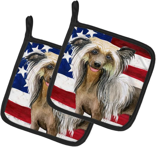 Caroline's Treasures BB9659PTHD Chinese Crested Patriotic Pair of Pot Holders Kitchen Heat Resistant Pot Holders Sets Oven Hot Pads for Cooking Baking BBQ, 7 1/2 x 7 1/2
