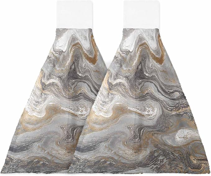 Alandar Home Kitchen Tie Towel Set of 2, Abstract Black Grey Marble Texture Absorbent Soft Hand Towels for Bathroom Hanging Towels, Modern Fluid Art Fast Drying Cleaning Cloth with Loop