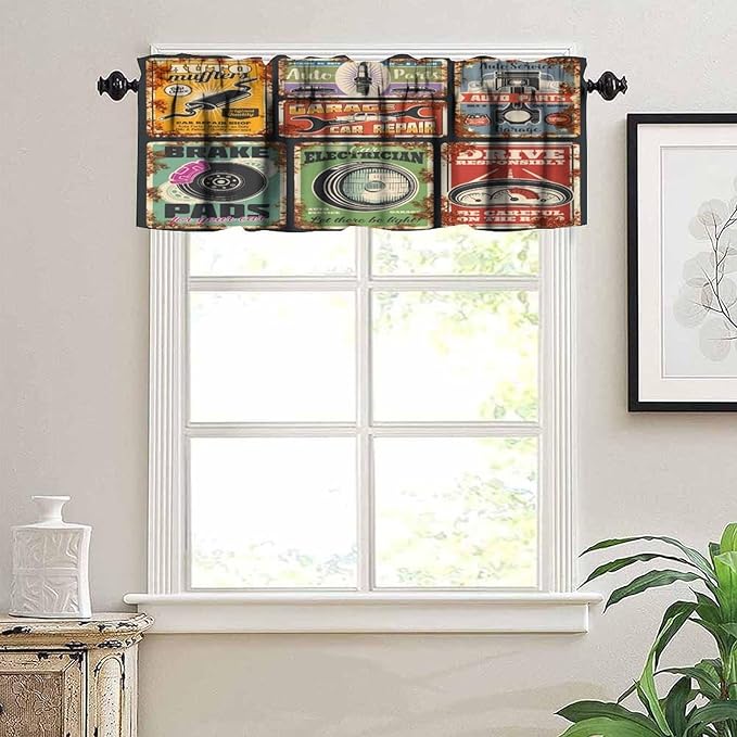 Vintage Style Valance Curtain Garage Or Car Repair Service Rusty Metal Flag. Vehicle Mechanics Workshop, Short Curtains Valances for Kitchen Living Room Decor with Rod Pocket, 1 Panel 54X18 Inches