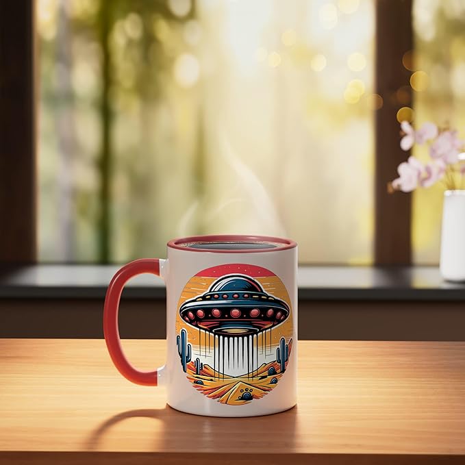 Retro UFO Desert Abduction Scene | Vintage Sci-Fi Ceramic Mug, Red/White