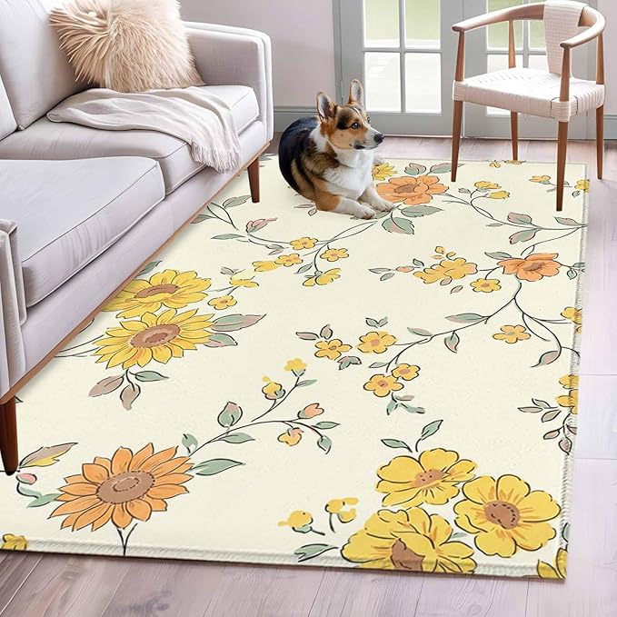 Area Rug 4x6ft, Orange Yellow Flowers Wild Vines Washable Rugs for Living Room Bedroom, Watercolor Floral Soft Non-Slip Area Rugs Rectangle Floor Carpet for Dining Room
