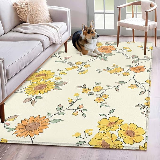 Area Rug 4x6ft, Orange Yellow Flowers Wild Vines Washable Rugs for Living Room Bedroom, Watercolor Floral Soft Non-Slip Area Rugs Rectangle Floor Carpet for Dining Room