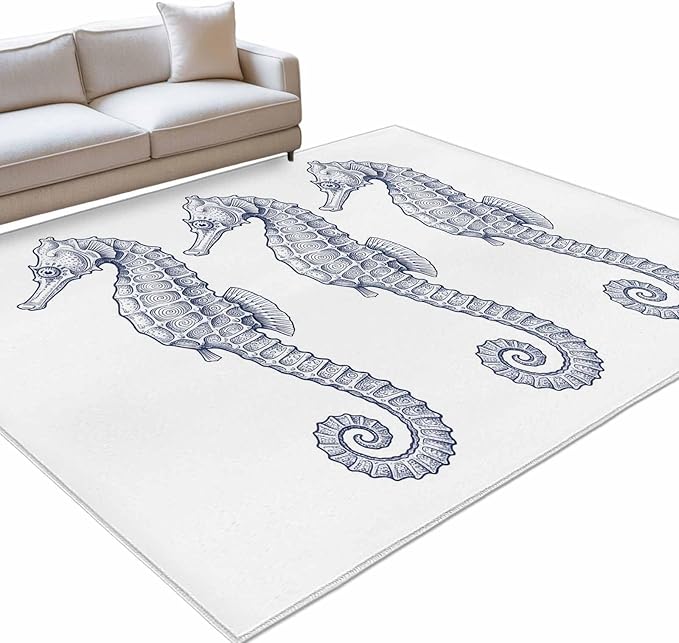 Area Rug 4x6ft, Summer Light Blue Seahorse Washable Rugs for Living Room Bedroom, Underwater Ocean Animals Soft Non-Slip Area Rugs Rectangle Floor Carpet for Dining Room