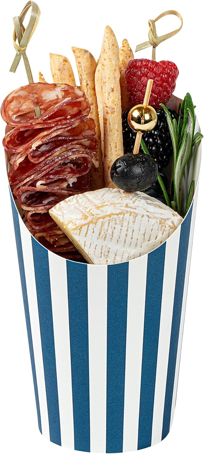 Restaurantware Bio Tek 16 Ounce French Fry Containers 100 Disposable Charcuterie Cups - Incline Design Round Striped Paper French Fry Cups Stackable For Waffles Chips or Popcorn