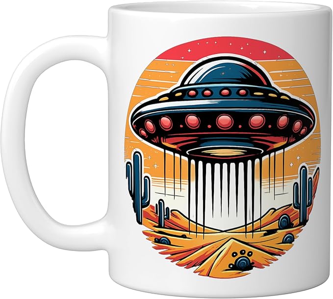 Retro UFO Desert Abduction Scene | Vintage Sci-Fi Ceramic Mug, White