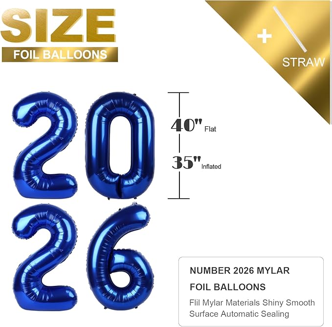 2026 Navy Blue Number Balloon, 40 Inch Balloon, New Years Eve Decorations, Balloons for New Years Eve Party Supplies 2026, Graduation Decoration, 2 6 20 26 Birthday Parties