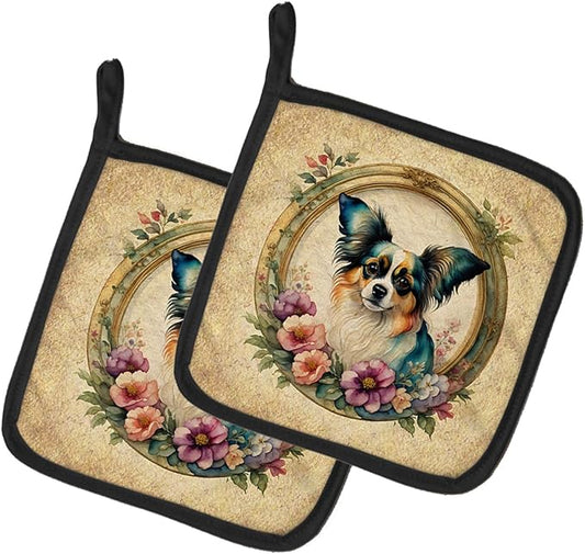 Caroline's Treasures Papillon and Flowers Pair of Pot Holders Kitchen Heat Resistant Pot Holders Sets Oven Hot Pads for Cooking Baking BBQ, 7 1/2 x 7 1/2