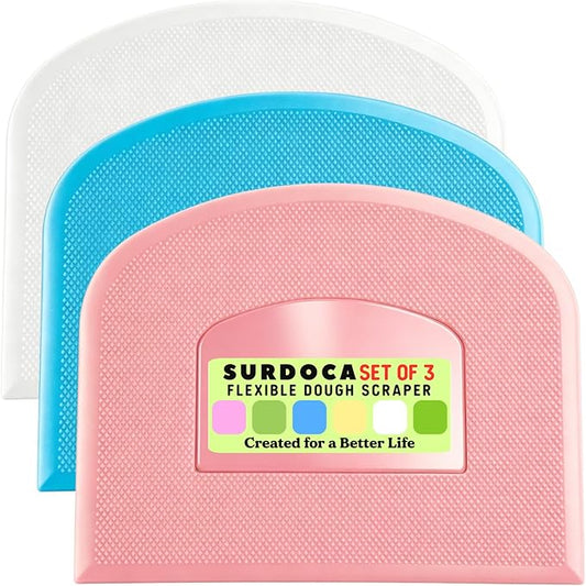 SURDOCA Dough Scraper Bench Scraper - 3P 10.6x6.7" Plastic Flexible Bowl Scraper, Sharp Edge & Angles Cake Scraper. Non-Slip Bakeware Decorating Tools Sculpting & Modeling Tools - Blue+White+Pink
