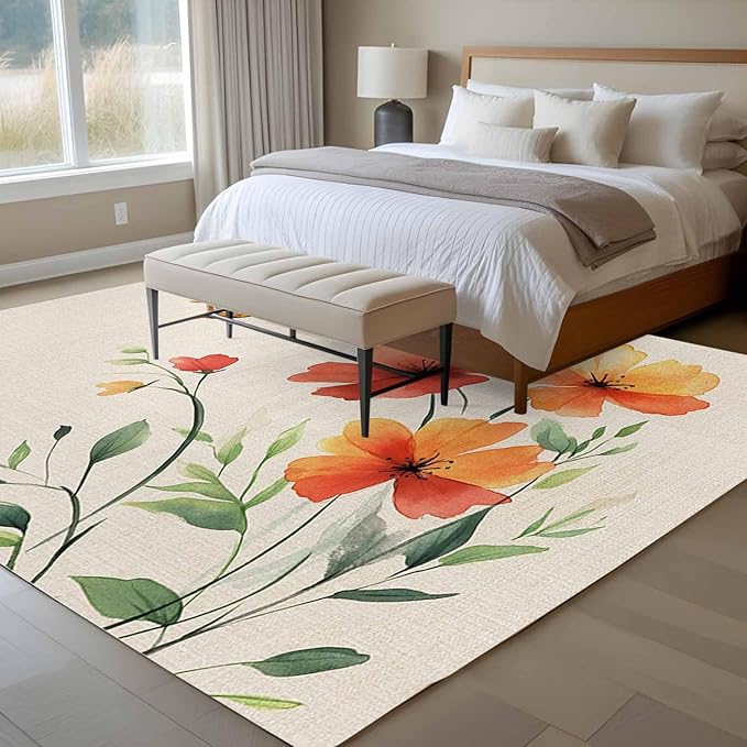 Area Rug 6x9ft, Summer Watercolor Flower Butterfly Washable Rugs for Living Room Bedroom, Green Leaves Retro Linen Soft Non-Slip Area Rugs Rectangle Floor Carpet for Dining Room
