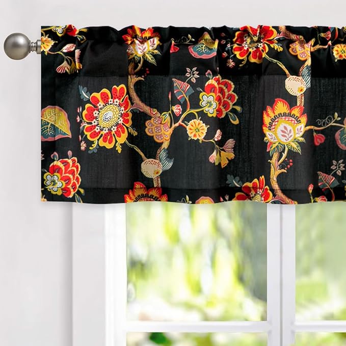 Leeva Botanical Valance Curtain for Windows - Light Filtering Linen Textured Drapery with Rod Pocket, Farmhouse & Modern Bedroom/Kitchen Decor, 52" W x 12" L, 1 Panel