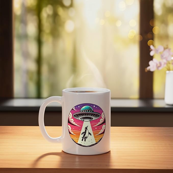 Penguin Abducted Alien Spacecraft Outer Space Abduction Ceramic Mug, White