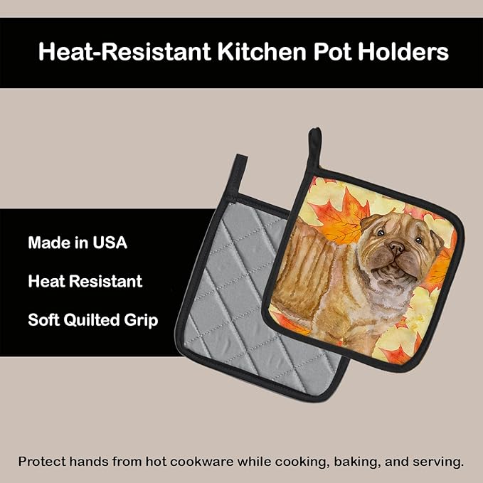 Caroline's Treasures BB9980PTHD Shar Pei Puppy Fall Pair of Pot Holders, Yellow Kitchen Heat Resistant Pot Holders Sets Oven Hot Pads for Cooking Baking BBQ, 7 1/2 x 7 1/2