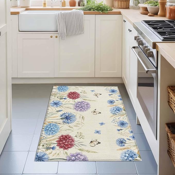 Area Rug 2x3ft, Spring Watercolor Garden Flower Washable Rugs for Living Room Bedroom, Hydrangea Floral on Burlap Soft Non-Slip Area Rugs Rectangle Floor Carpet for Dining Room