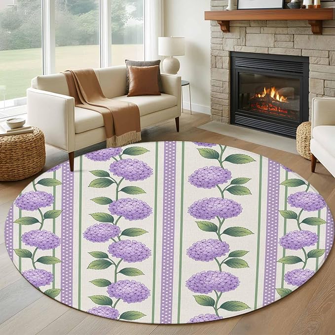 Washable Round Area Rug Watercolor Hydrangea Flower Circle Rugs Floor Carpet for Living Room Bedroom, Spring Floral Leaves on Linen Soft Non Slip Round Rug 5ft