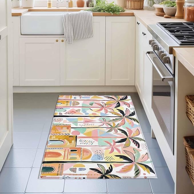 Area Rug 2x3ft, Boho Summer Artistic Palm Trees Washable Rugs for Living Room Bedroom, Abstract Buildings Soft Non-Slip Area Rugs Rectangle Floor Carpet for Dining Room