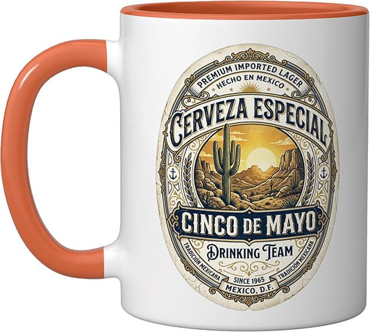 Cinco De Mayo Drinking Team Cerveza Beer Label Ceramic Mug, Orange/White