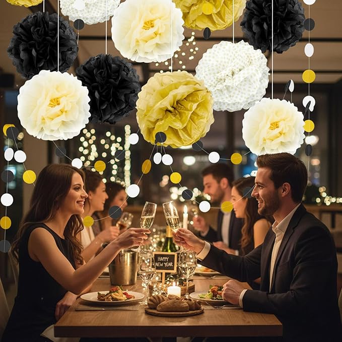 20Pcs Black and Gold Party Decorations 2026 Graduation Decorations 16 Pack Black and Gold Pom Poms Paper Flowers 4 Pack Garlands String for Birthday Wedding Anniversary 2026 Graduation Party Supplies