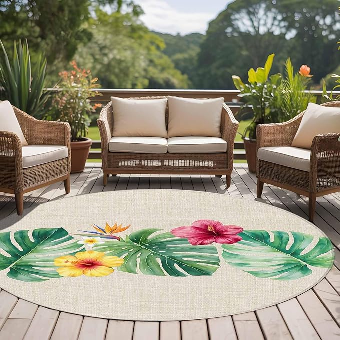 Washable Round Area Rug Country Monstera Hibiscus Foliage Circle Rugs Floor Carpet for Living Room Bedroom, Tropical Plant Vintage Linen Soft Non Slip Round Rug 5ft