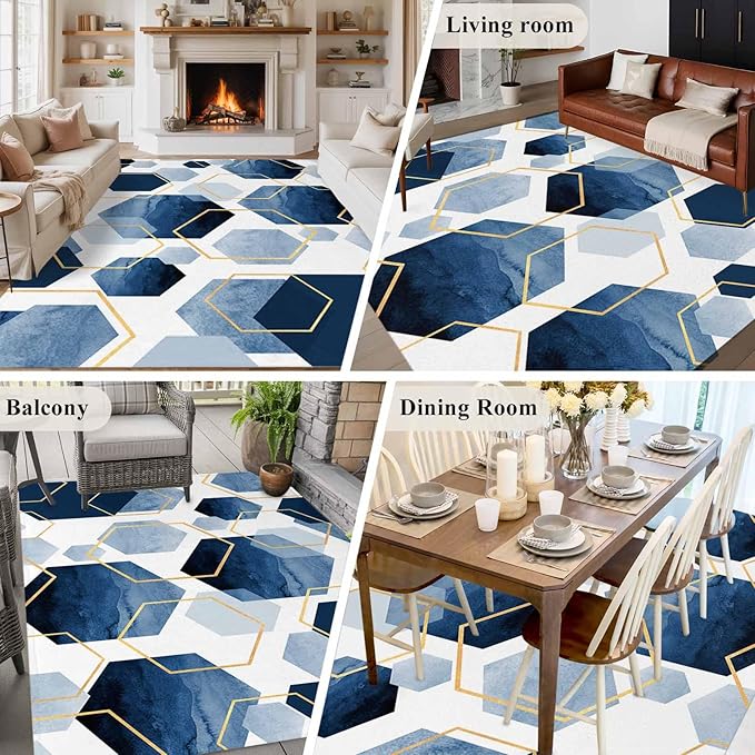 Area Rug 6x9ft, Watercolor Blue Hexagon Washable Rugs for Living Room Bedroom, Abstract Geometric Art Soft Non-Slip Area Rugs Rectangle Floor Carpet for Dining Room