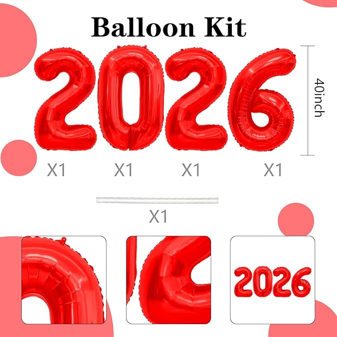 2026 Balloons, 40 inch 2026 Red Number Balloons, 2026 Happy New Years Decorations, Large Foil Balloons Number for New Years Eve Party Supplies 2026, Class of 2026 Graduation Decorations
