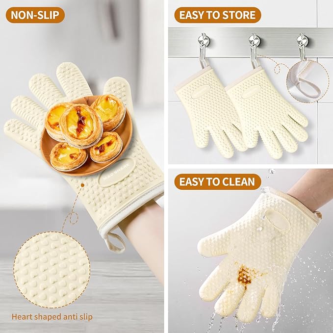 MAD SHARK Silicone Oven Mitts Heat Resistant 450°F,Waterproof & Non-Slip Oven Gloves with Fingers,Cotton Lined Silicone Oven Gloves Kitchen Mitts for Baking Cooking Barbecue,Women,Oven (White)