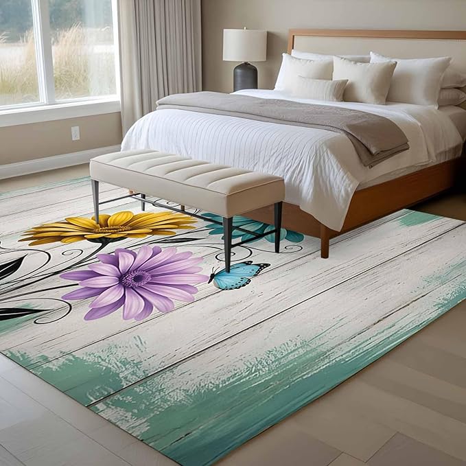 Area Rug 8x10ft, Farm Flower Daisy Retro Wood Barn Washable Rugs for Living Room Bedroom, Blossom Flower Butterfly Soft Non-Slip Area Rugs Rectangle Floor Carpet for Dining Room