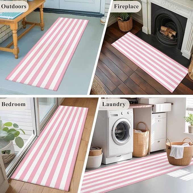Runner Rug for Bedroom Hallway, Pink White Stripe Kitchen Runner Rugs Area Rug 2x6ft, Classic Geometric Line Washable Soft Floor Carpet for Entryway Stair