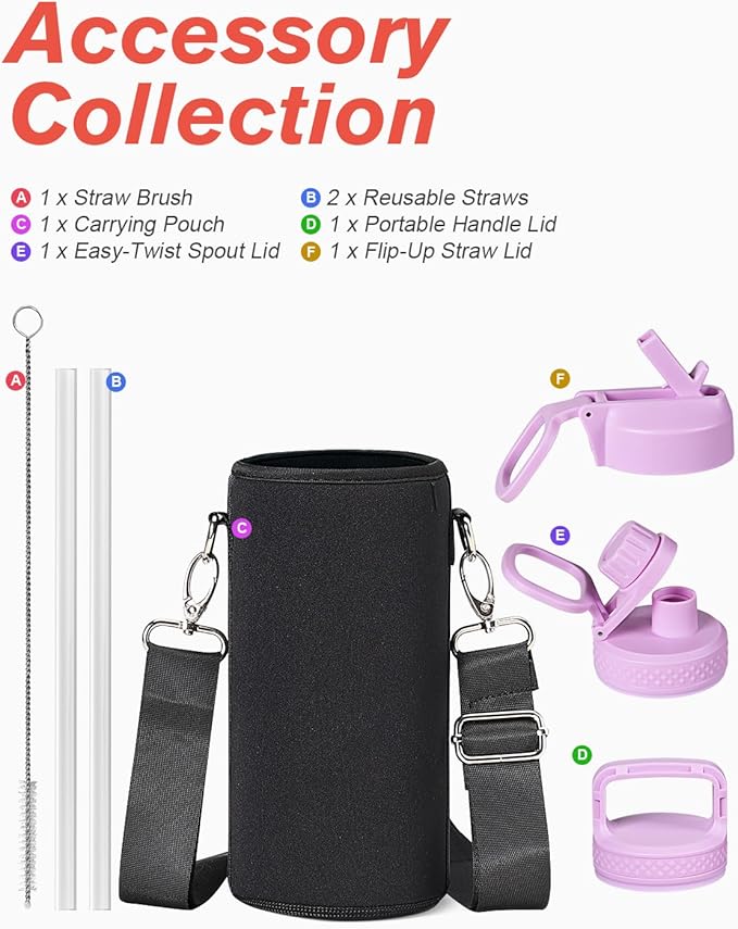 Coolflask Water Bottle 32 oz Insulated with Straw, Stainless Steel Metal 3 Lids Water Flask Wide Mouth for Sports or Office, Non-BPA Keep Cold Up to 48 Hrs or Hot Up to 24 Hrs, Glitter Pink