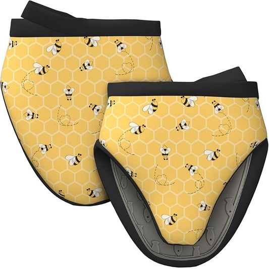 2 Pcs Mini Silicone Oven Mitts Funny Bees Honey Heat Resistant Grill Gloves with Hanging Loop, Yellow Short Kitchen Mittens for Cooking Baking BBQ
