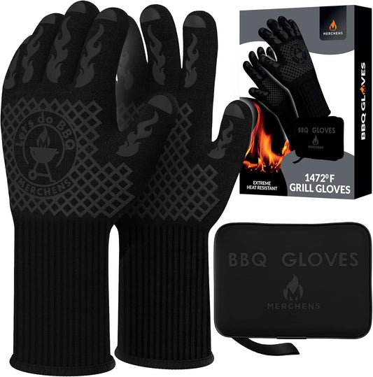 Pro-Series BBQ Gloves - Heat Resistant Grill, Grilling, and Oven Gloves for Culinary Experts - Extreme Fireproof Protection, Silicone Grip, Extra Long Mitts - Indoor & Outdoor - with Protective case