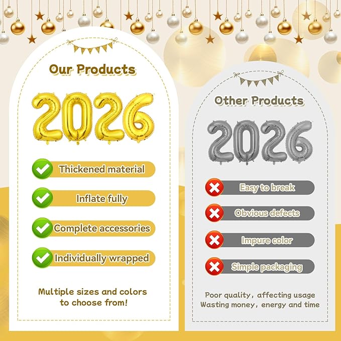 Gold 2026 Balloons, 16 Inch Foil 2026 Number Balloons, Grad Balloons for Class of 2026 Graduation Party, Gold Matellic Foil New Year Birthday Home Office Party Supplies