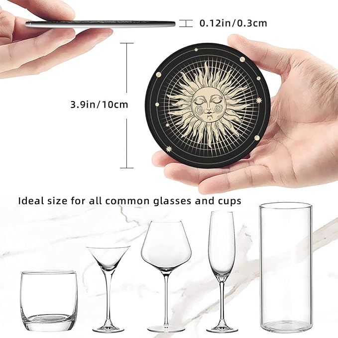 Sun Star Moon Leather Drinks Coasters with Holder, Set of 6, Suitable for Various Cups