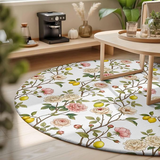 Washable Round Area Rug Country Blossom Flower Plant Circle Rugs Floor Carpet for Living Room Bedroom, Summer Lemon Leaf Seamless Soft Non Slip Round Rug 3ft