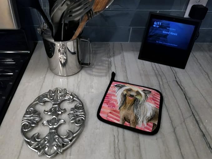 Caroline's Treasures BB9746PTHD Chinese Crested Love Pair of Pot Holders, Red Kitchen Heat Resistant Pot Holders Sets Oven Hot Pads for Cooking Baking BBQ, 7 1/2 x 7 1/2