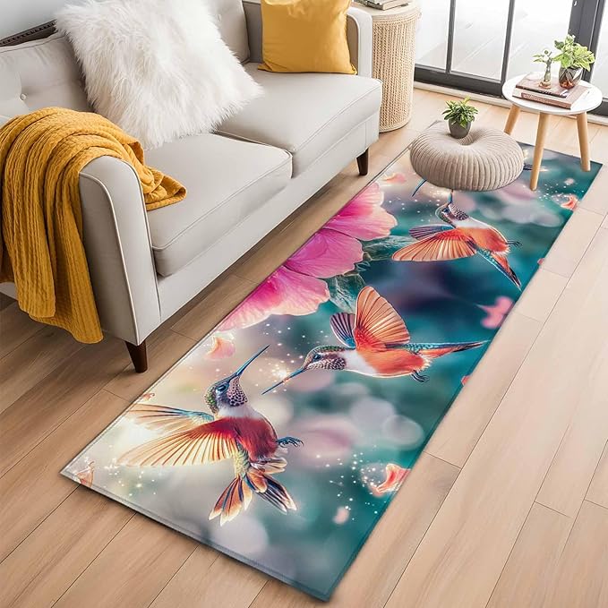 Runner Rug for Bedroom Hallway, Spring Hummingbird Pink Petals Flowers Kitchen Runner Rugs Area Rug 2x6ft, Dreamlike Animal Focus Scenery Washable Soft Floor Carpet for Entryway Stair