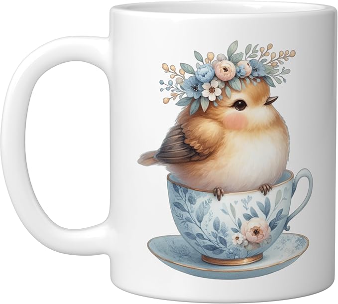 Cute Bird Floral Teacup Illustration Ceramic Mug, White