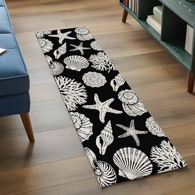 Runner Rug for Bedroom Hallway, Marine Starfish Shell Conch Kitchen Runner Rugs Area Rug 2x6ft, Ocean Life on Black Washable Soft Floor Carpet for Entryway Stair