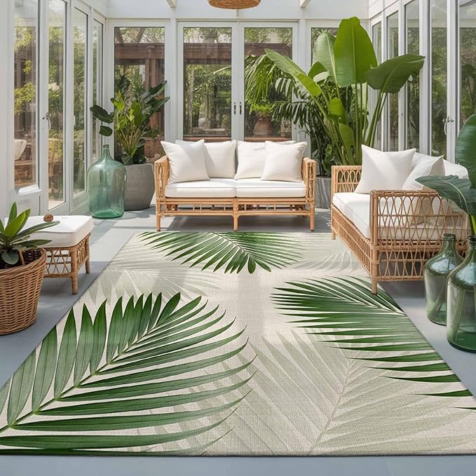Area Rug 3x5ft, Rustic Sage Green Palm Leaves on Linen Washable Rugs for Living Room Bedroom, Summer Plants Soft Non-Slip Area Rugs Rectangle Floor Carpet for Dining Room