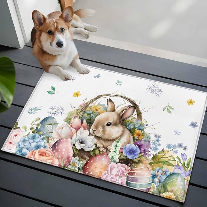 Area Rug 2x3ft, Easter Egg Spring Flower Cute Rabbit Washable Rugs for Living Room Bedroom, Blossom Floral on White Soft Non-Slip Area Rugs Rectangle Floor Carpet for Dining Room