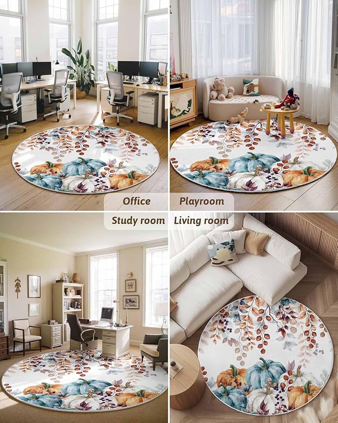 Round Area Rug,Fall Thanksgiving Pumpkin Orange Eucalyptus Leaf Circle Living Room Rug Non-Slip Rugs Indoor Carpet,Autumn Fallen Leaves Soft Comfort Rugs for Bedroom KidsRoom Nursery