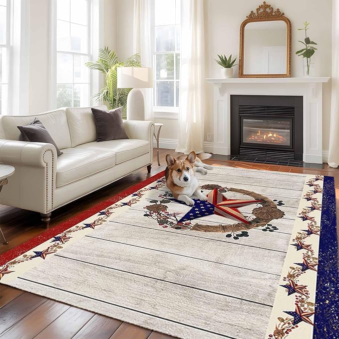Area Rug 6x9ft, Retro USA Flag Star and Berry Washable Rugs for Living Room Bedroom, Wooden Texture Soft Non-Slip Area Rugs Rectangle Floor Carpet for Dining Room