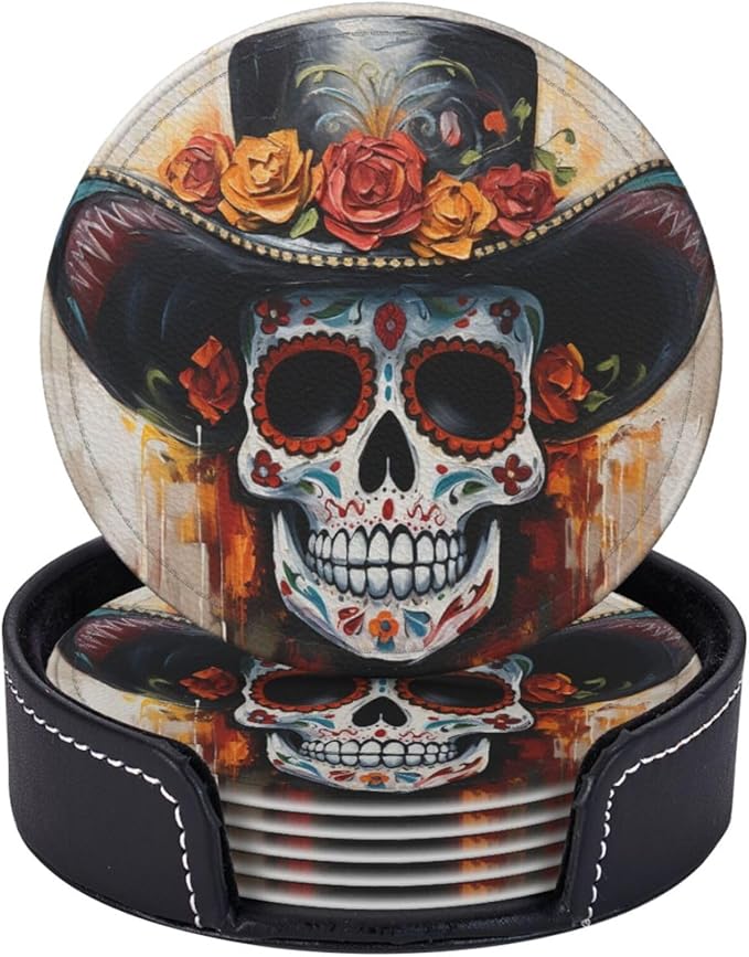 Famame 6 Pcs Oil Painting Mexican Skull Leather Coasters for Drinks with Holder Coaster Sets Drink Table Cup Coasters for Living Room Kitchen Coffee Decor