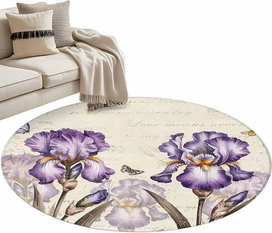 Washable Round Area Rug Pastoral Purple Flower Watercolor Circle Rugs Floor Carpet for Living Room Bedroom, Country Botanical Butterflies Soft Non Slip Round Rug 4ft