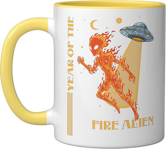 Year of the Fire Alien Chinese Zodiac Celestial Astrology Ceramic Mug, Yellow/White