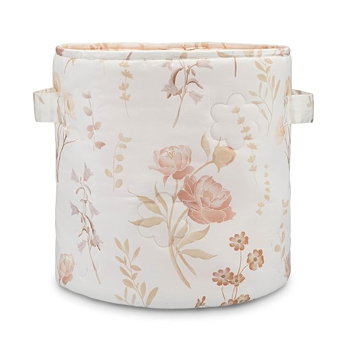 Crane Baby Wildflower Quilted Storage Basket, 13"x13", Cotton Fabric Basket for Baby Clothes Storage, Girls Nursery Decor, Baby Baskets For Nursery, Toy Basket For Kids and Toddlers, Toy Organization