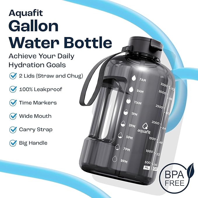 AQUAFIT 1 Gallon Water Bottle with Time Marker - Straw & Chug Lid - BPA Free Gym Water Bottle with Straw - Big Gallon Jug (Nebula 2, 128 oz - 2 Lids)