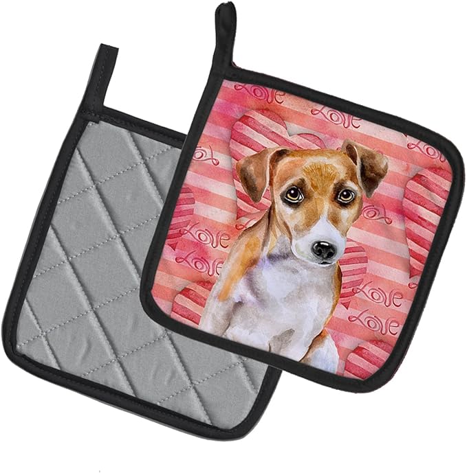 Caroline's Treasures BB9800PTHD Jack Russell Terrier #2 Love Pair of Pot Holders, Red Kitchen Heat Resistant Pot Holders Sets Oven Hot Pads for Cooking Baking BBQ, 7 1/2 x 7 1/2