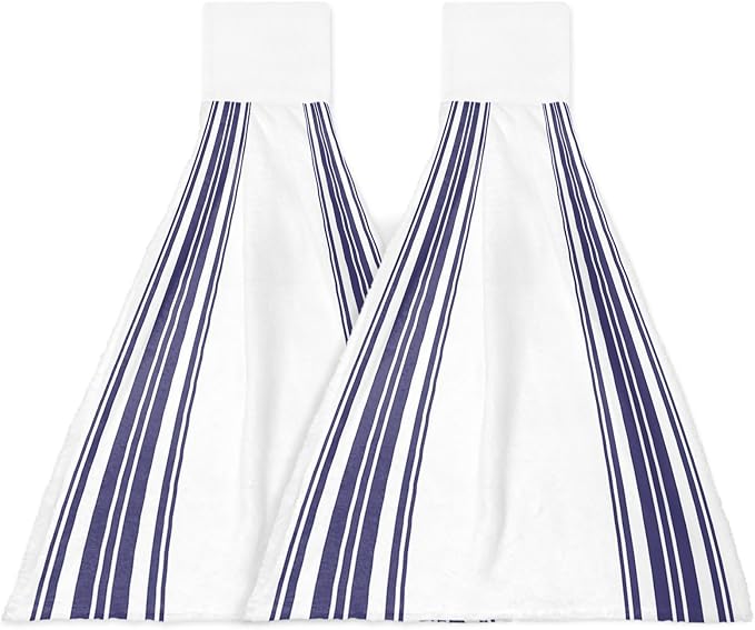 Alandar Home Kitchen Tie Towel Set of 2, Navy Blue Vertical Stripes Absorbent Soft Hand Towels for Bathroom Hanging Towels, Nautical Lines Art Fast Drying Cleaning Cloth with Loop